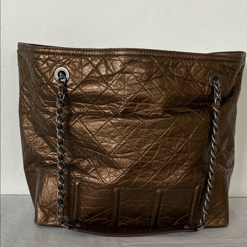 CHANEL Metallic Brown Quilted Calfskin Leather “Moscow” Tote with Chain Straps - Picture 2 of 14